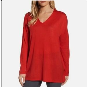 Eileen Fisher 100% Merino Wool V neck Tunic Sweater In Orange Lava Color